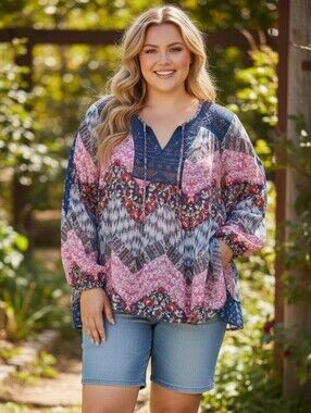 MOA MOA Crepe Patchwork Peasant Top in Navy and Pink